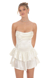 Satin Corset Strapless Dress in Ivory